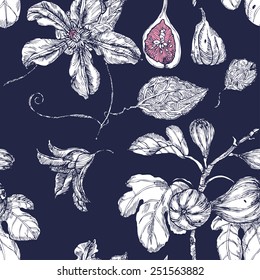 Seamless pattern with garden, dates and flowers on indigo background in vector