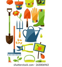 Seamless pattern with garden design elements and icons.