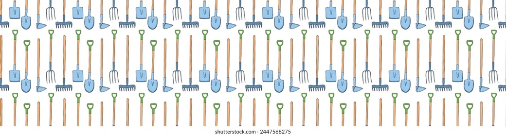 Seamless pattern with garden equipment: shovels, spades, rakes, hoes, pitchforks. Vector backgrounds and textures with tools for working on the farm, in dacha, country site in flat doodle style.