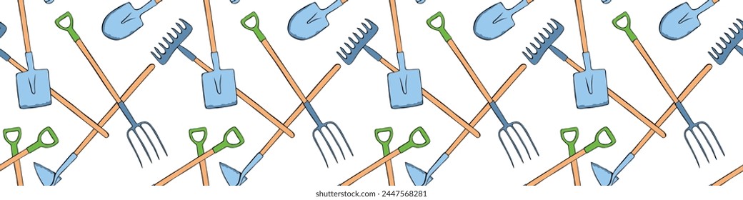 Seamless pattern with garden equipment: shovels, spades, rakes, hoes, pitchforks. Vector backgrounds and textures with tools for working on the farm, in dacha, country site in flat doodle style.