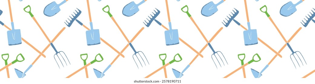 Seamless pattern with garden equipment: shovels, spades, rakes, hoes, pitchforks. Vector backgrounds and textures with tools for working on the farm, in dacha, country site in flat style