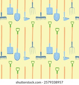 Seamless pattern with garden equipment. Shovels, spades, rakes, hoes, pitchforks. Vector backgrounds and textures with tools for working on the farm, in dacha, country site in flat style