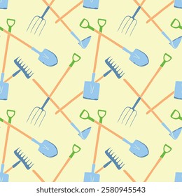 Seamless pattern with garden equipment. Shovels, spades, rakes, hoes, pitchforks. Vector backgrounds and textures with tools for working on the farm, in dacha, country site in flat doodle style.