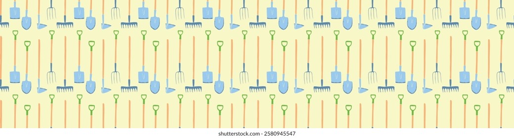 Seamless pattern with garden equipment. Shovels, spades, rakes, hoes, pitchforks. Vector backgrounds and textures with tools for working on the farm, in dacha, country site in flat style