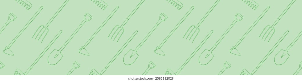 Seamless pattern with garden equipment: shovels, spades, rakes, hoes, pitchforks. Vector backgrounds and textures with tools for working on the farm, in dacha, country site in flat doodle style