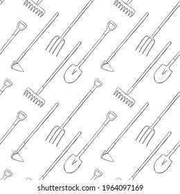 Seamless pattern with garden equipments: shovels, spades, rakes, hoes, pitchforks. Vector backgrounds and textures with tools for working on the farm, in dacha, country site in flat doodle style
