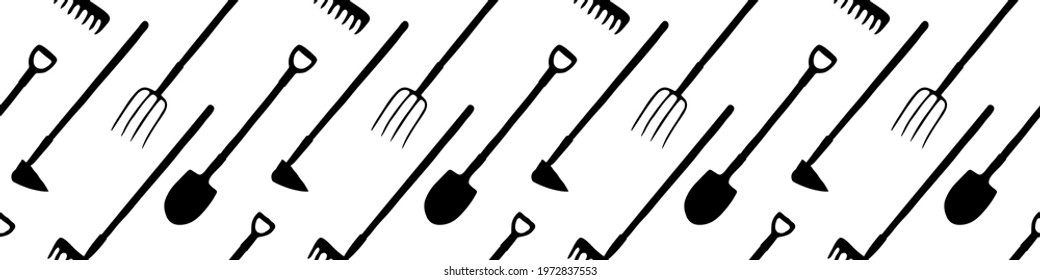 Seamless pattern with garden equipments: shovels, spades, rakes, hoes, pitchforks. Vector backgrounds and textures with tools for working on the farm, in dacha, country site in flat style