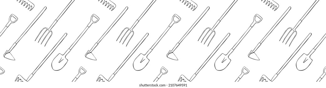 Seamless pattern with garden equipments: shovels, spades, rakes, hoes, pitchforks. Vector backgrounds and textures with tools for working on the farm, in dacha, country site in flat doodle style