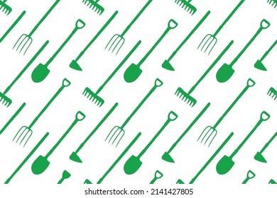 Seamless pattern with garden equipments: shovels, spades, rakes, hoes, pitchforks. Vector backgrounds and textures with tools for working on the farm, in dacha, country site in flat style