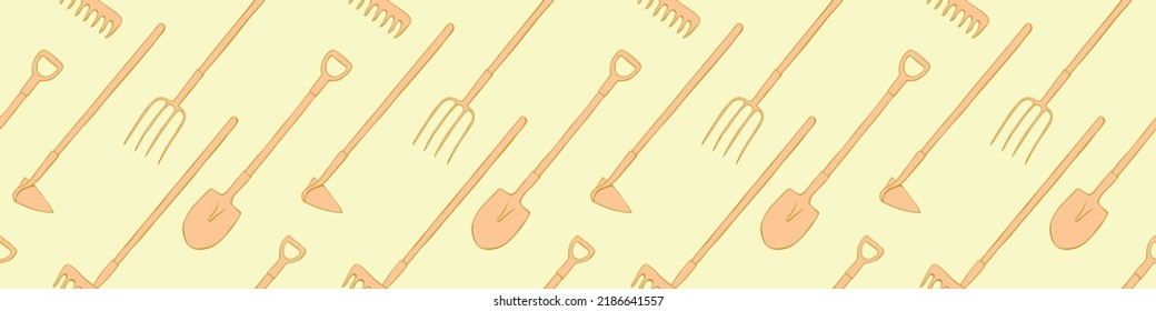 Seamless pattern with garden equipments: shovels, spades, rakes, hoes, pitchforks. Vector backgrounds and textures with tools for working on the farm, in dacha, country site in flat doodle style