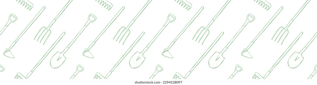 Patrón inmaculado con equipamiento de jardín: palas, espadas, rastrillos, azadillas, horquillas. Vectores y texturas con herramientas sobre jardinería, agricultura, agricultura