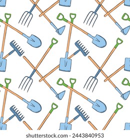 Seamless pattern with garden equipments: shovels, spades, rakes, hoes, pitchforks. Vector backgrounds and textures with tools for working on the farm, in dacha, country site in flat doodle style.