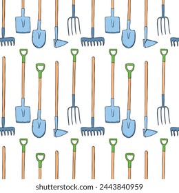 Seamless pattern with garden equipments: shovels, spades, rakes, hoes, pitchforks. Vector backgrounds and textures with tools for working on the farm, in dacha, country site in flat doodle style.