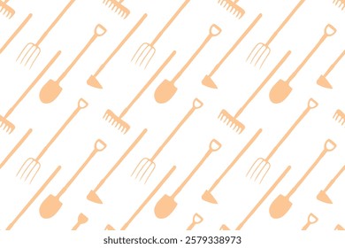 Seamless pattern with garden equipments: shovels, spades, rakes, hoes, pitchforks. Vector backgrounds and textures with tools for working on the farm, in dacha, country site in flat style.