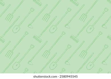 Seamless pattern with garden equipments: shovels, spades, rakes, hoes, pitchforks. Vector backgrounds and textures with tools for working on the farm, in dacha, country site in flat doodle style.