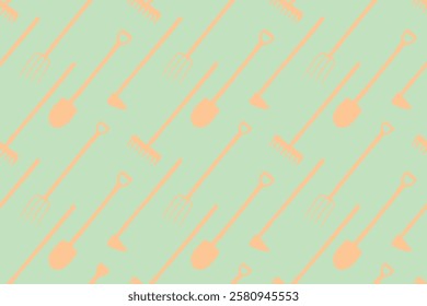 Seamless pattern with garden equipments: shovels, spades, rakes, hoes, pitchforks. Vector backgrounds and textures with tools for working on the farm, in dacha, country site in flat style.