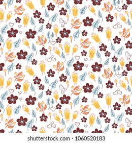 Seamless pattern with garden florals and plant leaves.