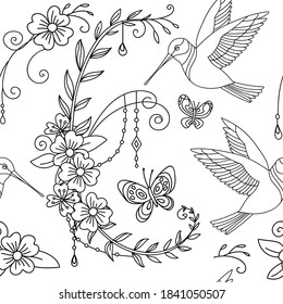 Seamless pattern with garden flowers, colibri bird and butterflies. Monochrome background for creating textiles, wallpaper, paper, wedding invitation, design, print. Vector Illustration