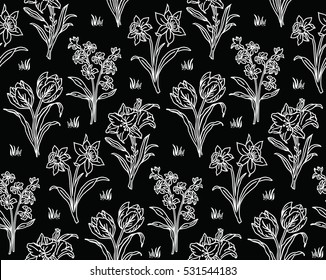 Seamless pattern with garden flowers. Contour white tulips, daffodils, lilies and hyacinths on a black background. Vector 10 EPS illustration.