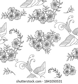 Seamless pattern with garden flowers and cute birds. Monochrome background for creating textiles, wallpaper, paper, wedding invitation, design, print. Vector Illustration