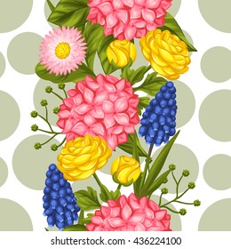 Seamless pattern with garden flowers. Decorative hortense, ranunculus, muscari and marguerite. Easy to use for backdrop, textile, wrapping paper, wallpaper.