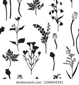 Seamless pattern of garden flowers, field, spikelets, buds black and white vector graphics on a white background. Light floral silhouette print for fabric, textile, wallpaper, wrapping paper.