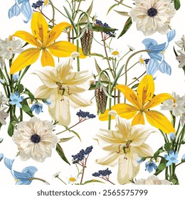 Seamless Pattern. Garden flowers. Magical lily, daisy, anemone flowers. Realistic vector image. Print for all types of surfaces. Trendy print.
