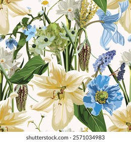 Seamless Pattern. Garden flowers. Magical lily, daisy, blue poppy flowers. Realistic vector image. Print for all types of surfaces. Trendy print.