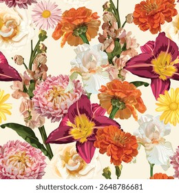Motif Harmonieux. Fleurs de jardin. Lys magiques, zinnia, fleurs d'iris. Image Image vectorielle réaliste. Imprimer pour tous les types de surfaces. Tirage tendance.