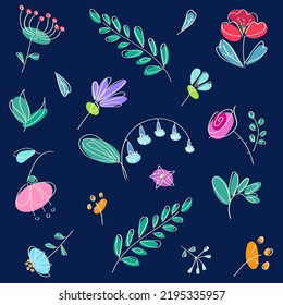 С nahtlose Muster mit Gartenblumen auf blauem Hintergrund im handgezeichnet Stil