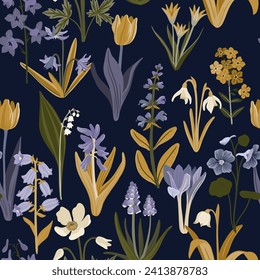 seamless pattern with garden flowers, vector drawing flowering plants at dark blue background, floral cover design, hand drawn botanical illustration