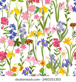 seamless pattern with garden flowers, vector drawing flowering plants at white background, floral ornament, hand drawn botanical illustration