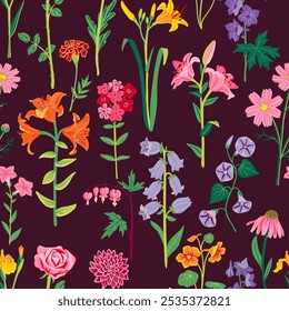 seamless pattern with garden flowers, vector drawing flowering plants, floral background, hand drawn botanical illustration