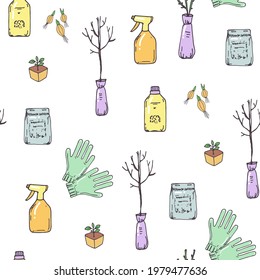 Seamless pattern with garden gloves, fertilizer, sprayer, bulbs, seedling of rose and tree. Gardening tools. For printing wrapping paper, wallpaper, packaging, fabric. Hand Drawn vector illustration.