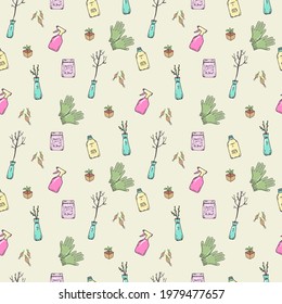 Seamless pattern with garden gloves, fertilizer, sprayer, bulbs, seedling of rose and tree. Gardening tools. For printing wrapping paper, wallpaper, packaging, fabric. Hand Drawn vector illustration.
