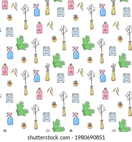 Seamless pattern with garden gloves, fertilizer, sprayer, bulbs, seedling of rose and tree. Gardening tools. For printing wrapping paper, wallpaper, packaging, fabric. Hand Drawn vector illustration.