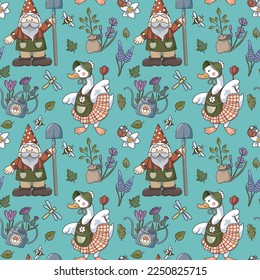 Seamless pattern: garden gnome, goose, duck, watering can, garden flowers, sun cart, ladybug, dragonfly, butterfly, seedling. Cute flat, contour illustration.