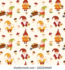 Seamless pattern with garden gnomes and mushrooms. Autumn, fall season, harvesting, thanksgiving concept.