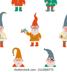 Seamless pattern with garden gnomes. Spring background. Vector illustration in scandinavian style. Baby fabric texture. 