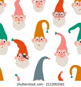 Seamless pattern with garden gnomes. Vector illustration in scandinavian style. Baby fabric texture. 