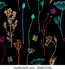 Seamless pattern with garden herbs, poppies, dill, dandelion vector line drawing on black background print for wallpaper, textile, fabric, cover, packaging, paper.