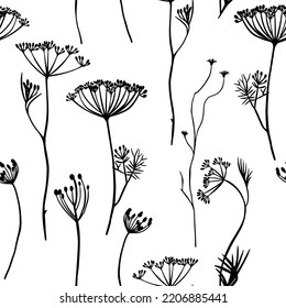 Seamless pattern with garden herbs, poppies, dill, dandelion vector black and white line drawing graphic print for wallpaper, textile, fabric, cover, packaging, paper.