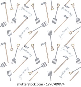 Seamless pattern with garden hoe, pitchfork and hand lettering. Gardening. For printing wrapping paper, wallpaper, packaging, fabric. Hand Drawn vector illustration.