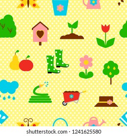 Seamless pattern with garden icons on yellow background. Vector illustration.