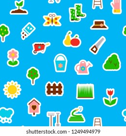 Seamless pattern with garden icons on blue background. Vector illustration.