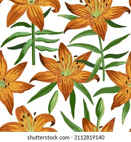 Nahtloses Muster mit Gartenorange-Lilien im künstlerisch-realistischen Stil.