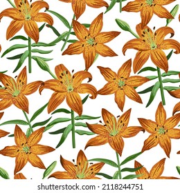 Seamless pattern with garden orange lilies in artistic realistic style.