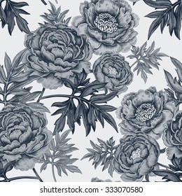 Seamless pattern with garden peony flowers. Illustration Victorian style. Vector. Designed for paper, textiles, wallpaper, fabrics.