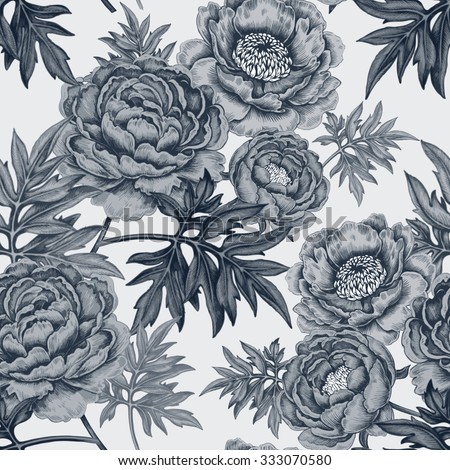 Seamless pattern with garden peony flowers. Illustration Victorian style. Vector. Designed for paper, textiles, wallpaper, fabrics.