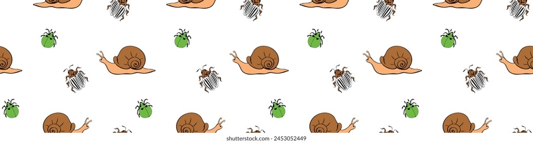 Seamless pattern with garden pests, insects: snails, Colorado Potato beetle, bugs, aphids. Vector hand drawn outline color illustration, texture in flat doodle style. Topic of gardening, nature.